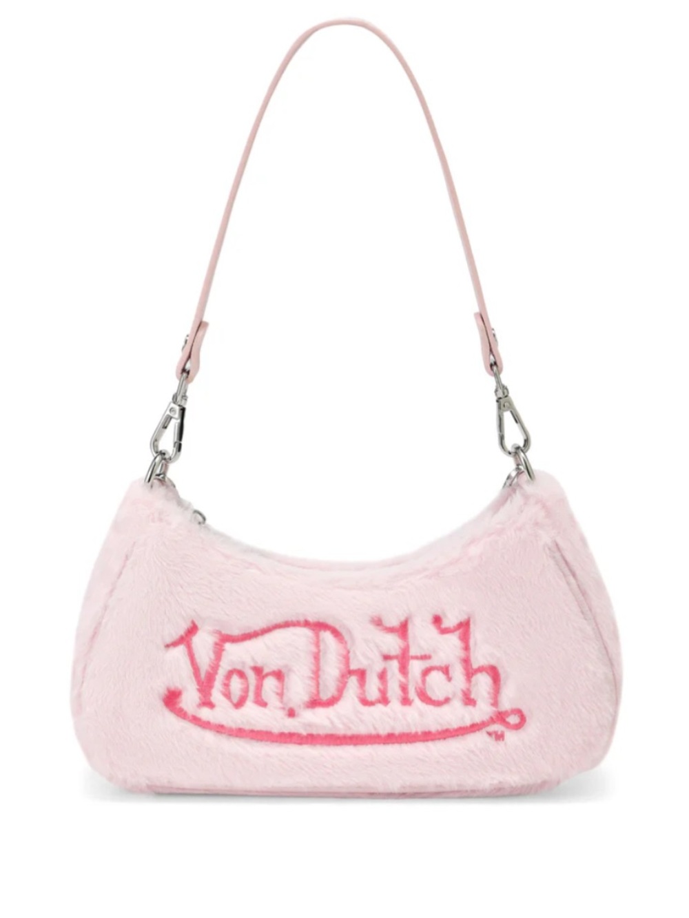 Von Dutch Light Pink Faux-Fur Shoulder Bag with Embroidered Logo